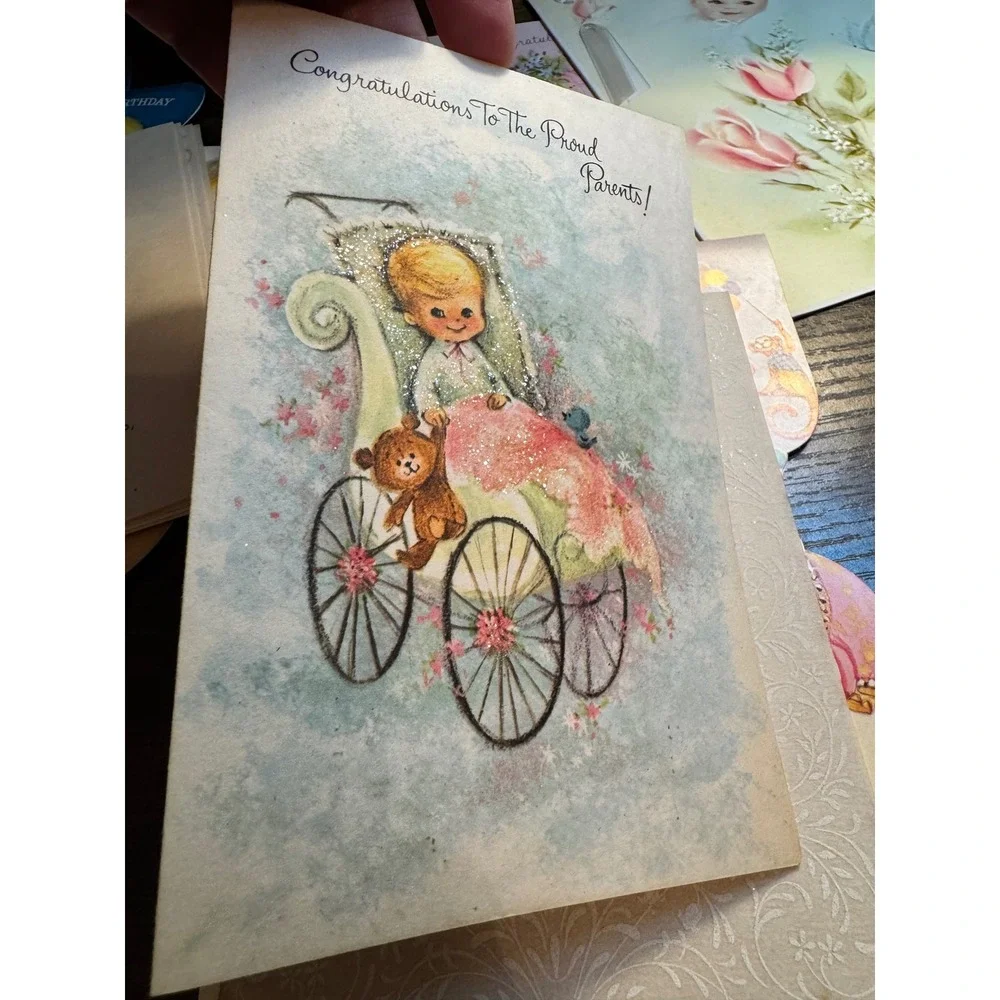 Vintage 1960s Greeting Card Lot 8 Flocked Die Cut Baby Birthday Easter Ephemera